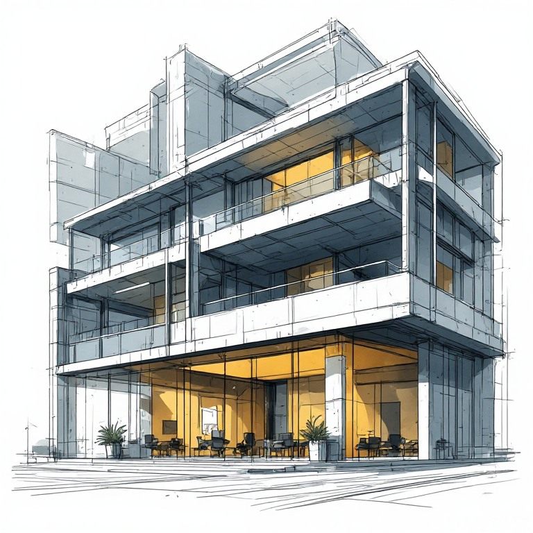 Illustration of an existing multi-storey commercial building with cantilevered balconies and a glazed ground floor