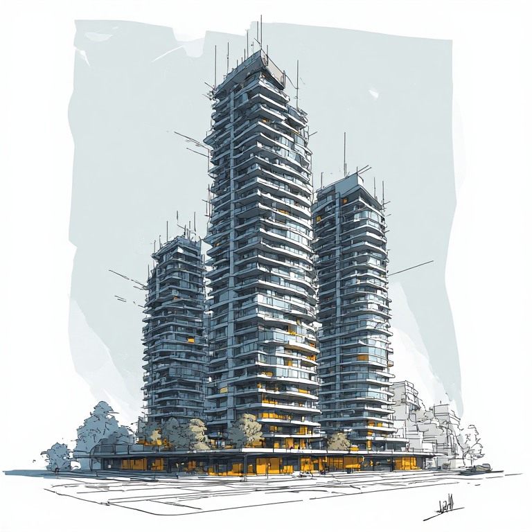 Illustration of two proposed high-rise residential towers with balconies above a retail podium