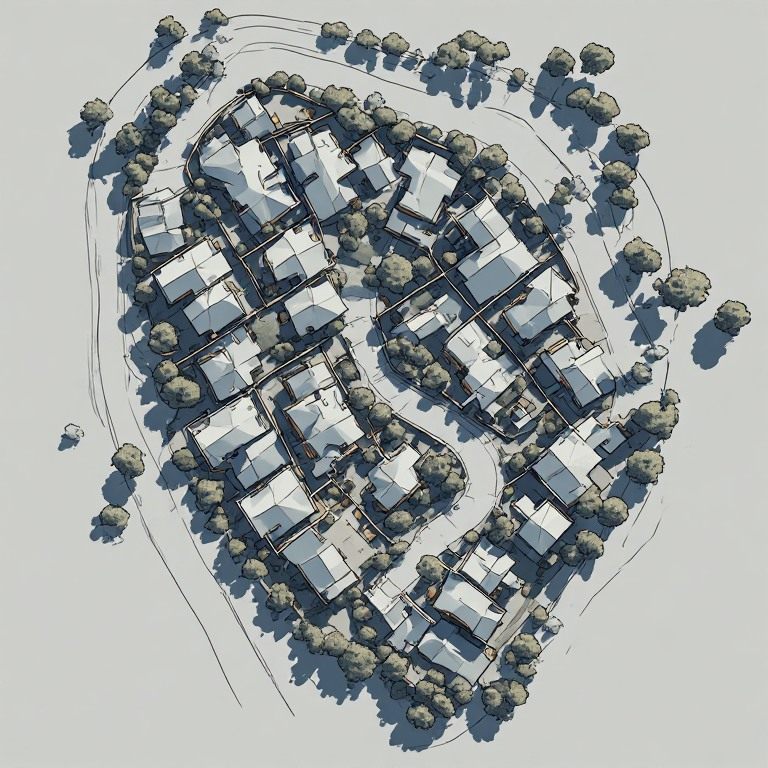 Aerial illustration of a residential subdivision showing individual lots, roads and landscaping