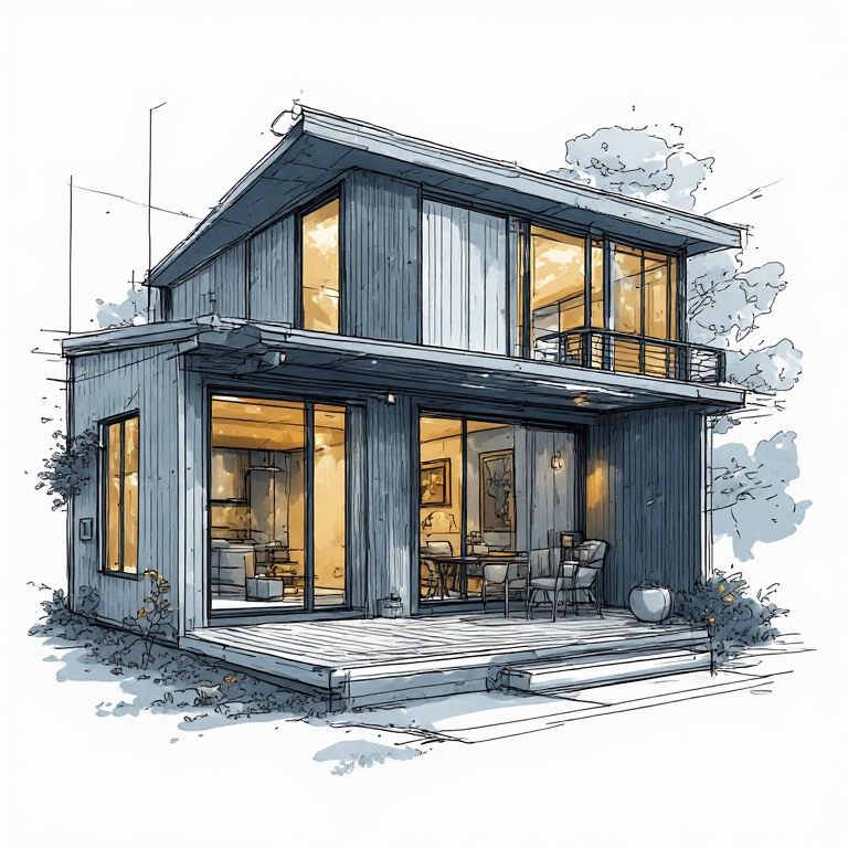 Illustration of a two-storey timber-clad house with a deck and full-height glazing
